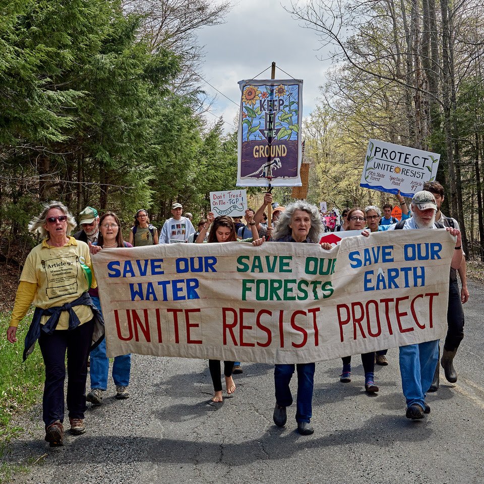 banner carried by protesters walking through a forest